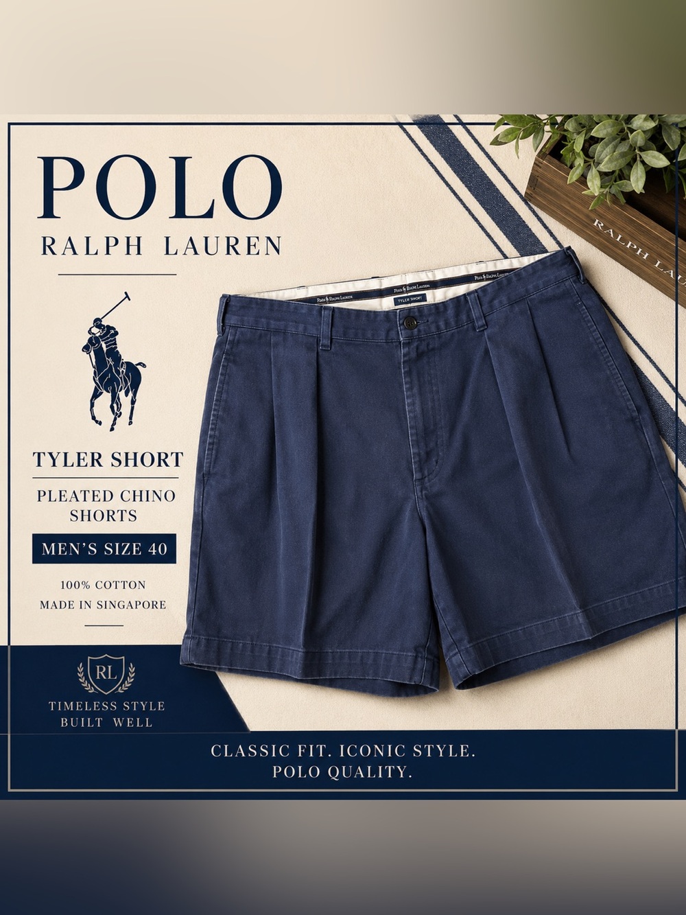 Polo Chino Ralph Lauren Navy Pleated Tyler Shorts Men’s Size 40 Vintage